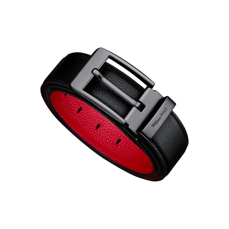 WilliamPOLO Cow Leather Leather Belts Men's Gunmetal Buckle With Black Outer And Red Inner Strap 3.7cm Width-1