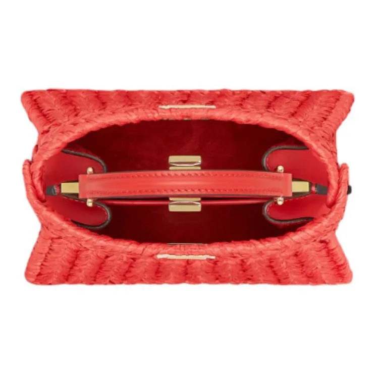FENDI Leather Patchwork With Raffia Shoulder Bag Crossbody Bag Handbag Women's Red-2