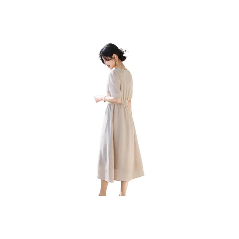 Still Quiet Short Sleeved Dress Women's Light Khaki-1