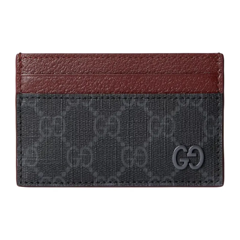 GUCCI Canvas With Leather Trim Card Holder Men's Black & Burgundy-0
