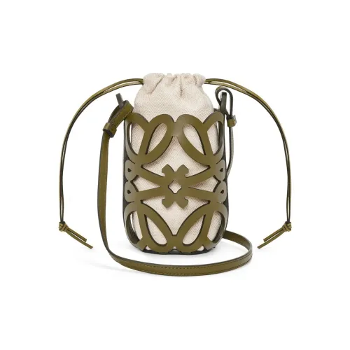 LOEWE Anagram Calfskin With Canvas Bag Bucket Bag Shoulder Bag Crossbody Bag Women's Olive & Beige