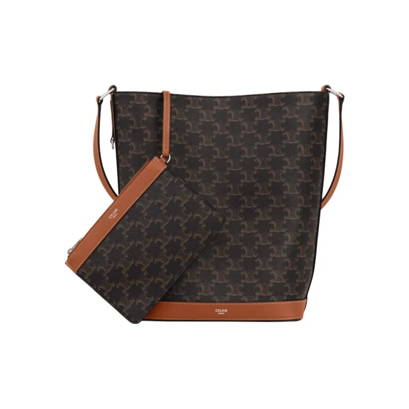 CELINE Triomphe Canvas paneled Calfskin Trim Canvas Bag, Bucket Bag, Shoulder Bag, Crossbody Bag Men's Brown-1