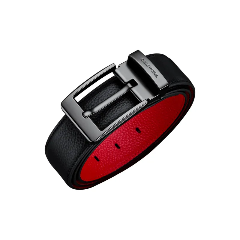 WilliamPOLO Cow Leather Leather Belts Men's Gunmetal Buckle With Black Outer And Red Inner Strap 3.7cm Width-2