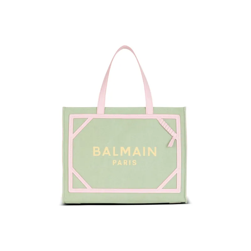 BALMAIN B-ARMY Canvas With Leather Canvas Bag Tote Bag Shopping Bag Handbag Medium Size Women's Green/Pink-0