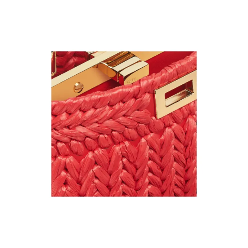 FENDI Leather Patchwork With Raffia Shoulder Bag Crossbody Bag Handbag Women's Red-3