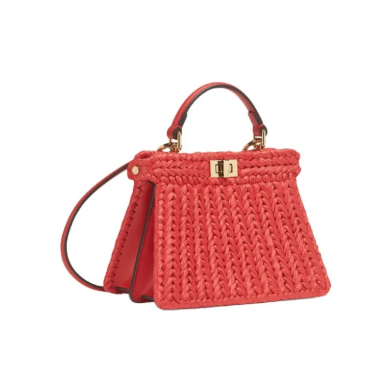 FENDI Leather Patchwork With Raffia Shoulder Bag Crossbody Bag Handbag Women's Red-1