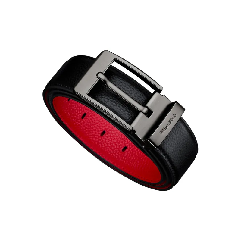 WilliamPOLO Cow Leather Belt Men's Silver Buckle With Black Outer And Red Inner Strap 3.7cm Width-1