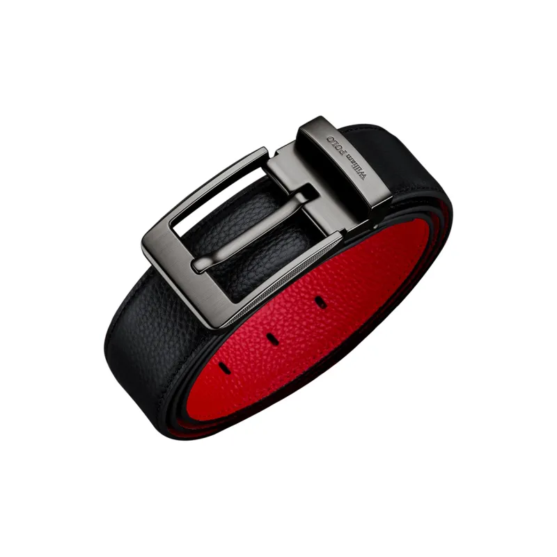 WilliamPOLO Cow Leather Belt Men's Silver Buckle With Black Outer And Red Inner Strap 3.7cm Width-2