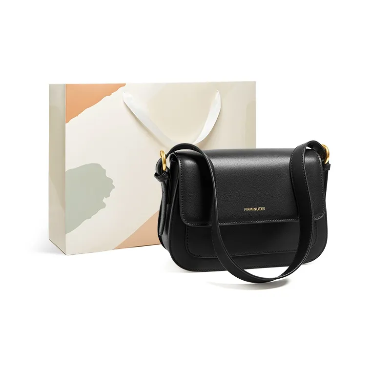 15 MINS Cow Leather Patchwork Synthetic Leather Crossbody Bag Women's Ecru/Midnight Black/Caramel Brown-5