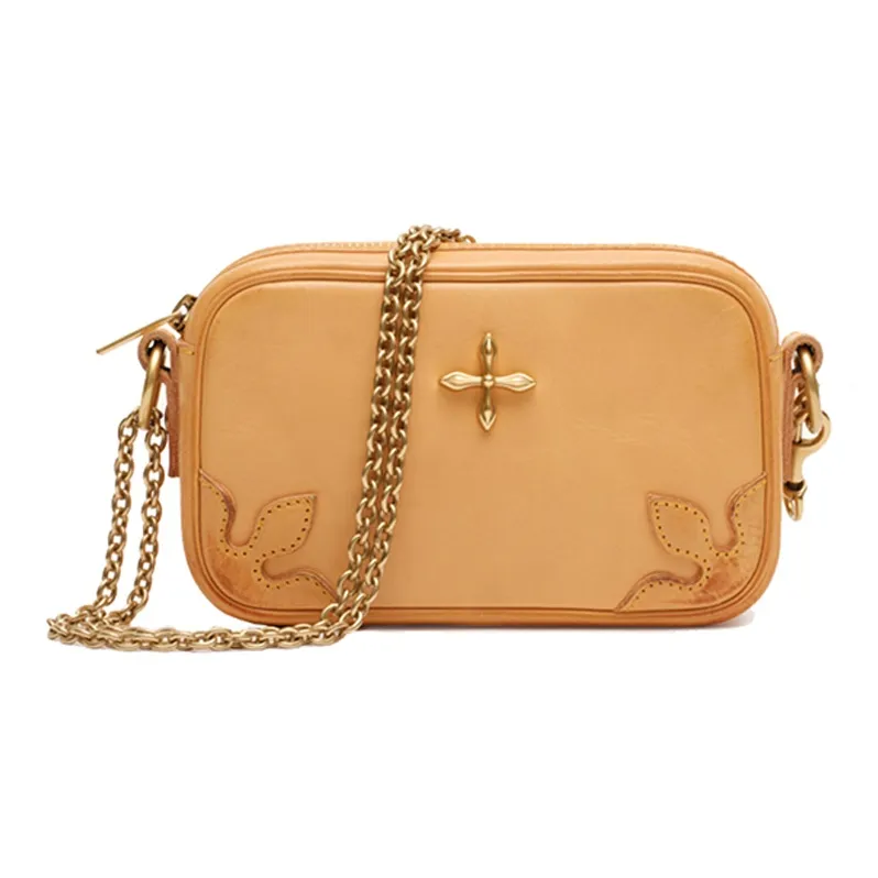 SMFK Cowhide Patchwork Canvas Shoulder Bag Women's Ginger Yellow-0