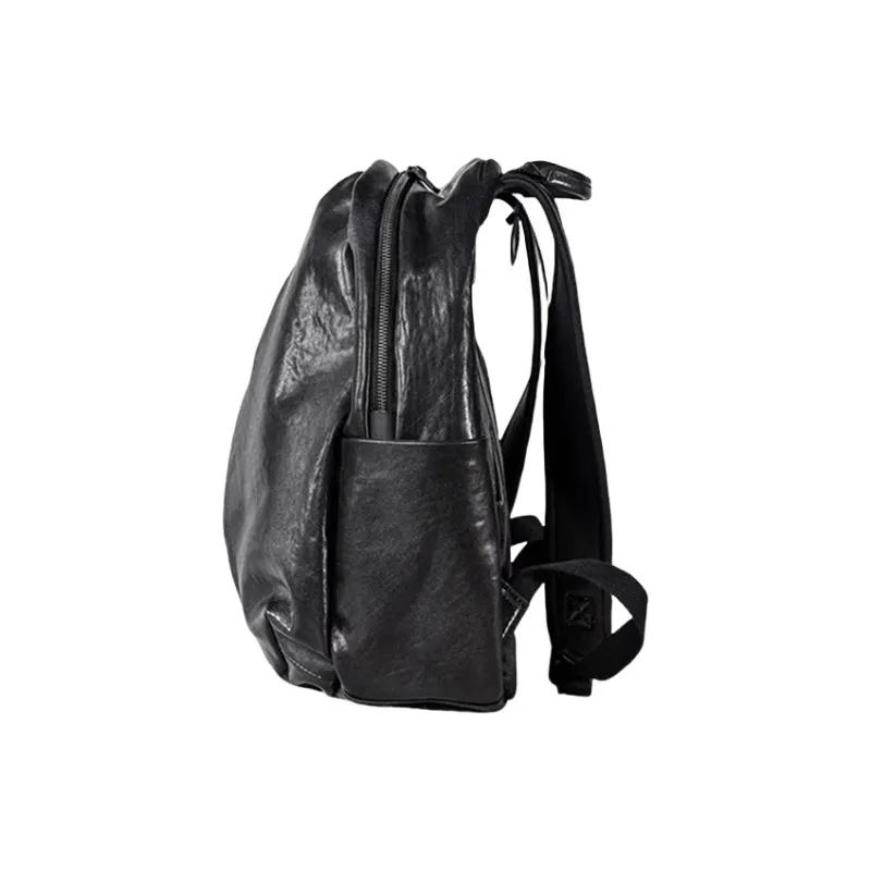 PULUWIRR Cow Leather Large Capacity Business Casual Travel Bag Vintage Laptop Backpack Regular Men's Black-1