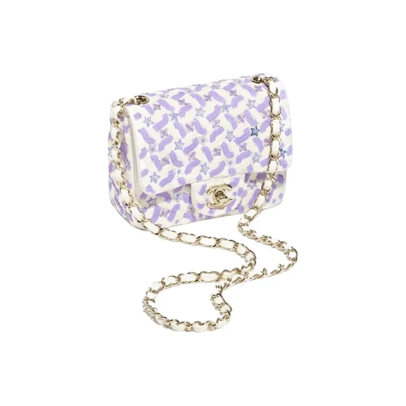 CHANEL Embroidered Silk Satin With Sequins Flap Bag, Crossbody Bag, Shoulder Bag Women's Purple & White-1