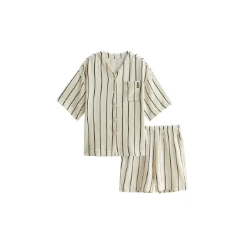 Same Language Pajama Set Summer Women's Custard White With Black Stripes