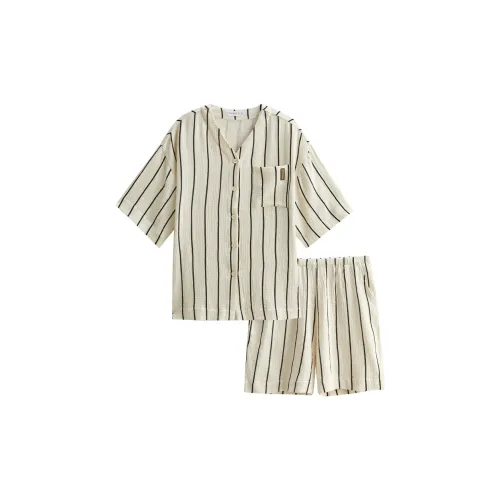 Same Language Pajama Set Summer Women's Custard White With Black Stripes