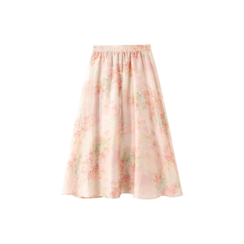 Miss Chipmunk Casual Long Skirts Women's Oil Painting Pink-1