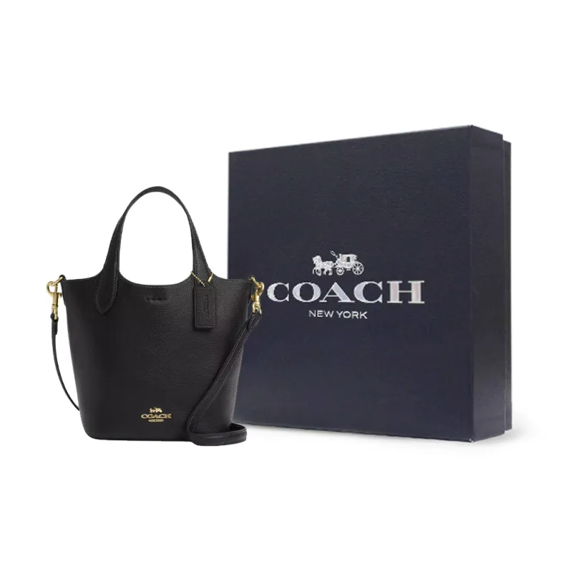 COACH Hanna Double Sided Leather Bucket Bag, Portable Crossbody Bag, Shoulder Bag Women's Gold & Black-9