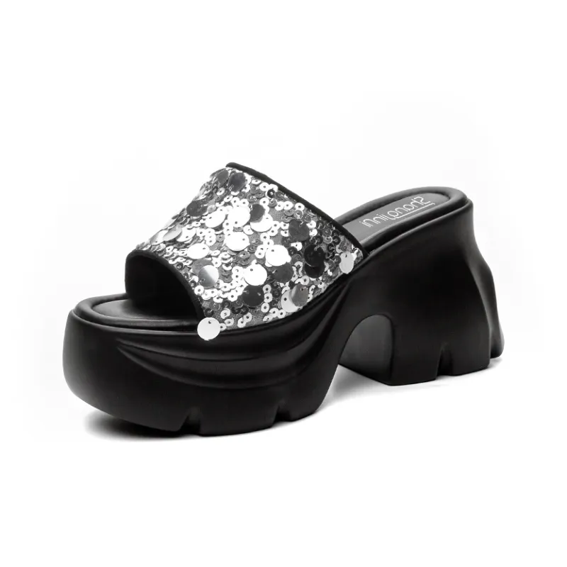 Shangjinni PU Polyurethane Sequins Slip Resistant Abrasion Resistant Slide Slippers Women's-0