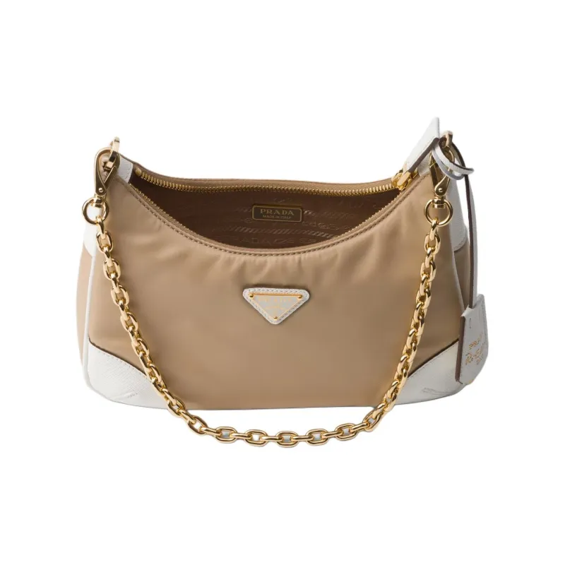 PRADA Re-Edition Recycled Nylon With Patchwork Leather Shoulder Bag Crossbody Bag Women's Camel White-4