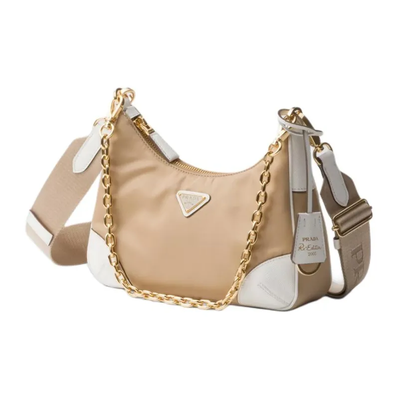 PRADA Re-Edition Recycled Nylon With Patchwork Leather Shoulder Bag Crossbody Bag Women's Camel White-1