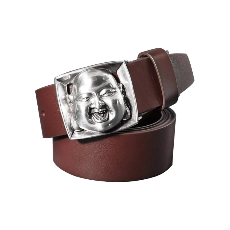 Cows Reign Carved Laughing Buddha Smooth Buckle Individual Leather Belts Men's 3.7cm Width-1