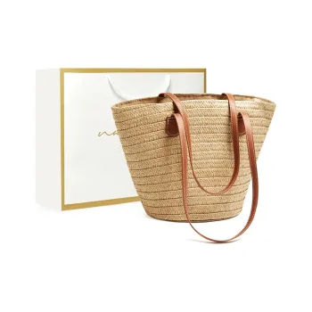 Narandu Fabric With Synthetic Leather Woven Bag Tote Shopping Bag Shoulder Bag Handbag Large Size Women's Khaki