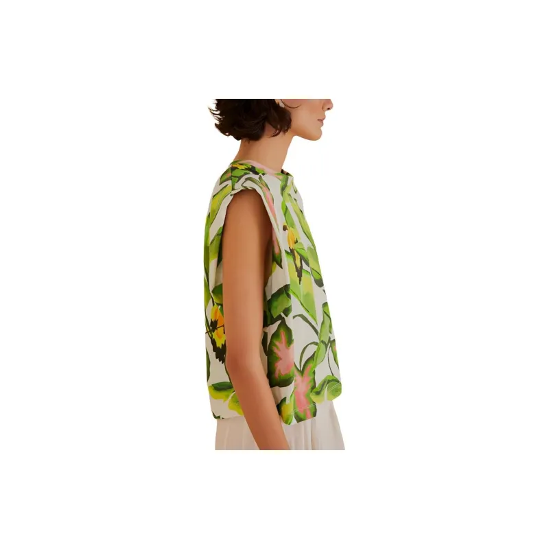 FARM RIO Leaf All Over Print Crew Neck Pullover Straight Fit Sleeveless T-Shirt Women's Green-1