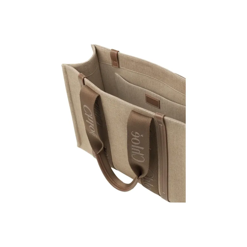 Chloe Woody Linen With Calfskin Tote Bag, Shopping Bag, Shoulder Bag, Handbag Medium Size Women's Deep Nut-2