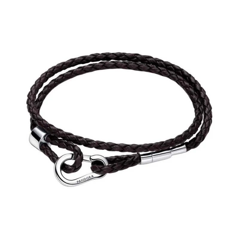 Pandora Moments Brown Braided Double Leather Bracelet-0