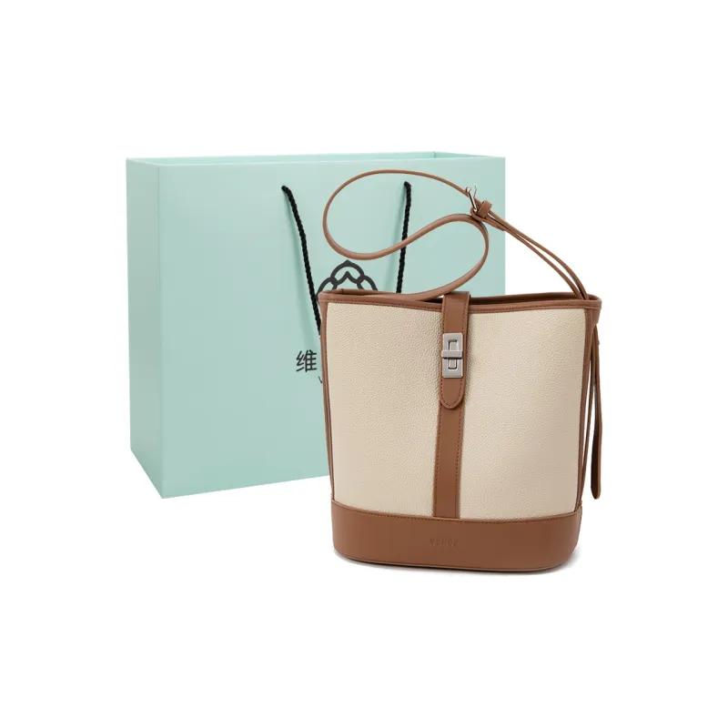VENOF Cow Leather Bucket Bag, Shoulder Bag Medium Size Women's Beige/Brown-8
