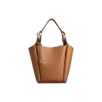 TOD'S Timeless Cow Leather Bucket Bag, One Shoulder Handbag Medium Size Women's Brown
