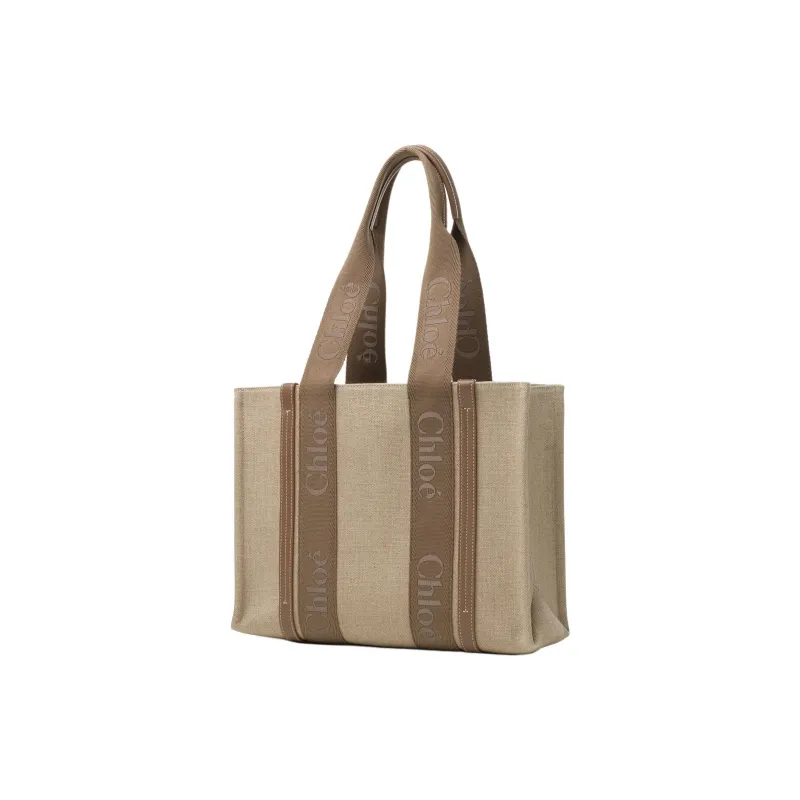 Chloe Woody Linen With Calfskin Tote Bag, Shopping Bag, Shoulder Bag, Handbag Medium Size Women's Deep Nut-1