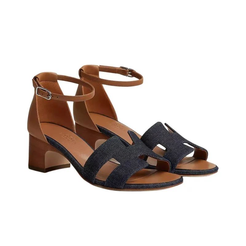 HERMES Encens One Strap Sandals 5cm Women's Dark Blue-3