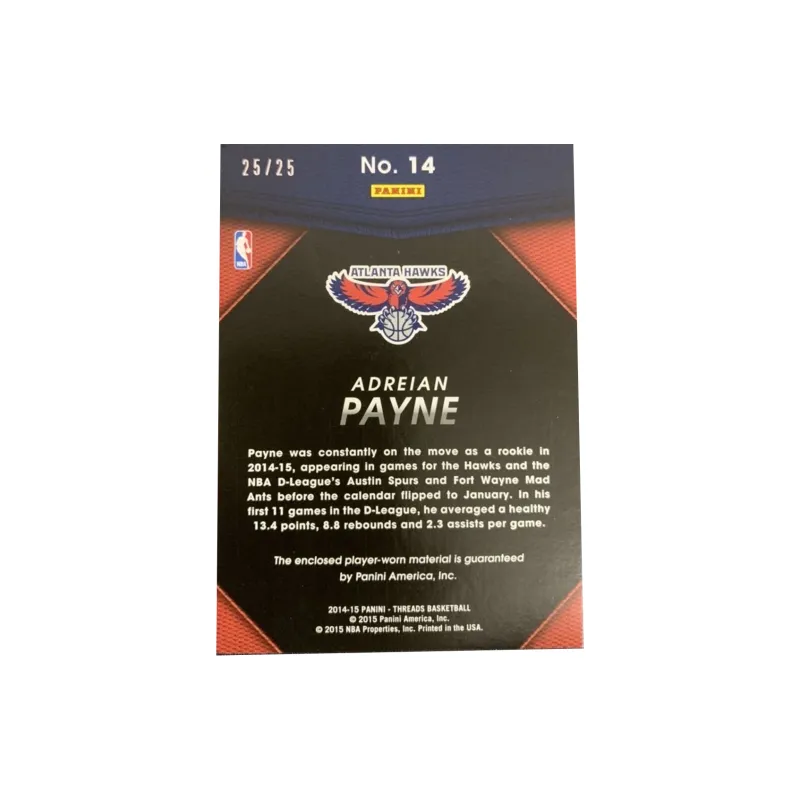 PANINI 2014 15 Hawks, Adrian Payne 25/25 Patch Jersey Cards, Materials, Rookies, Star Cards, Cards Sports Cards 1 Pc-1