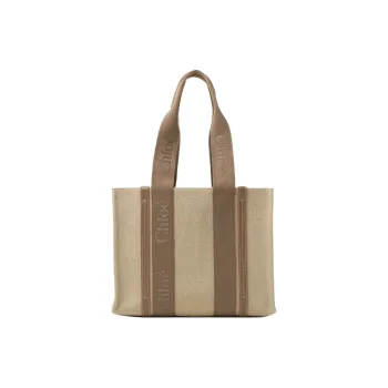 Chloe Woody Linen With Calfskin Tote Bag, Shopping Bag, Shoulder Bag, Handbag Medium Size Women's Deep Nut