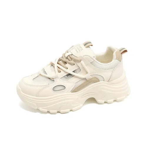 LISATANG Wear-Resistant Breathable Height Increasing Low-Top Chunky Sneakers Women's Beige