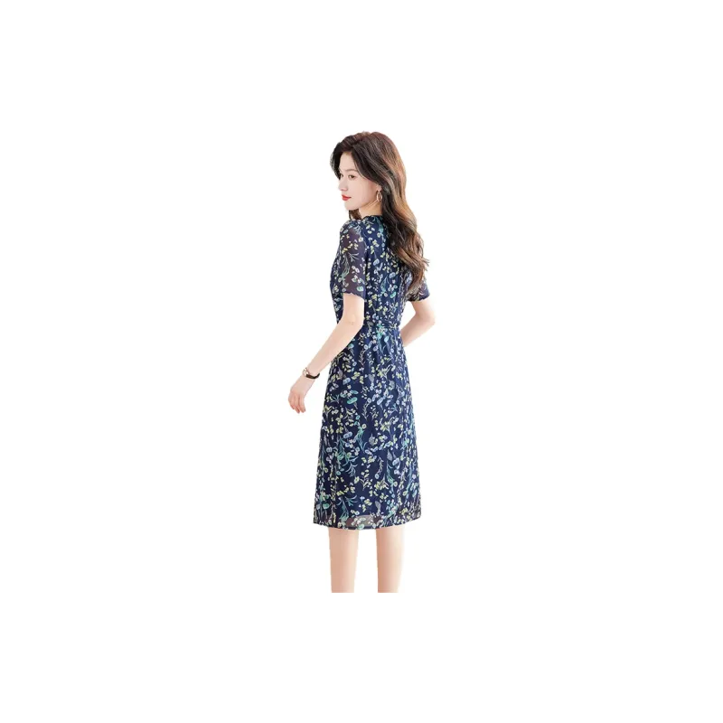 Cypress House Short Sleeved Dress Women's Navy Blue With Yellow Green Floral-1
