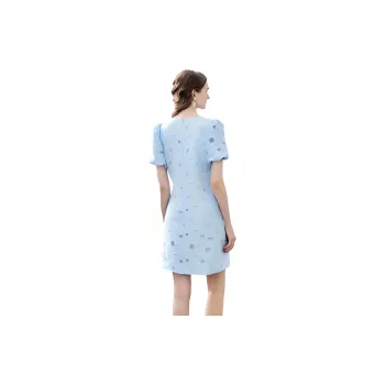 NAWAIN Short Sleeved Dresses Women's Blue Floral Embroidered