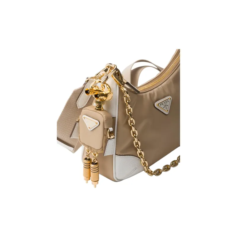 PRADA Re-Edition Recycled Nylon With Patchwork Leather Shoulder Bag Crossbody Bag Women's Camel White-5