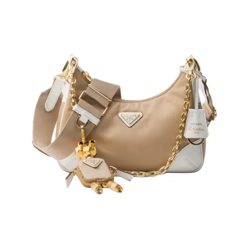 PRADA Re-Edition Recycled Nylon With Patchwork Leather Shoulder Bag Crossbody Bag Women's Camel White