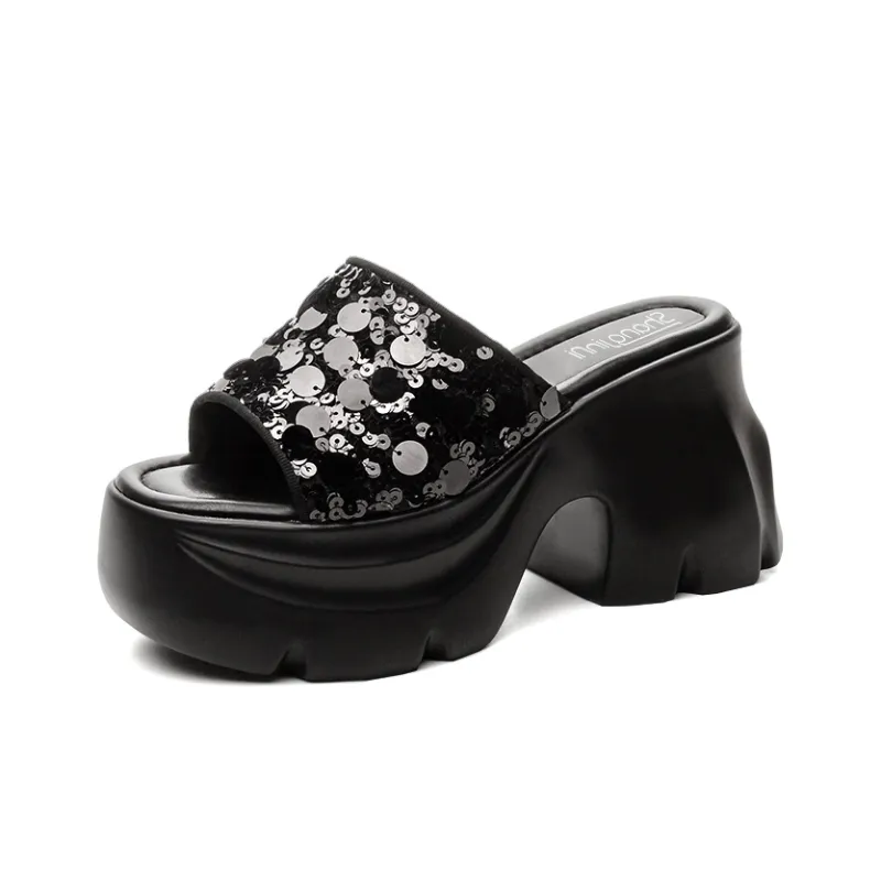 Shangjinni PU Polyurethane Sequins Slip Resistant Abrasion Resistant Slide Slippers Women's-5
