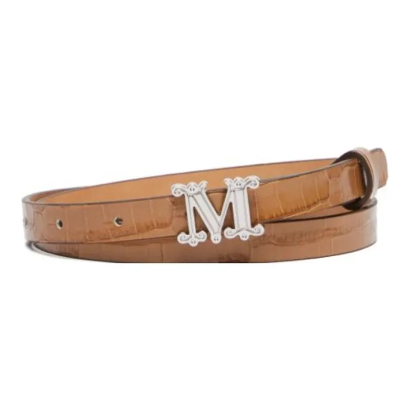 MaxMara Crocodile Pattern Design Calfskin Metal Leather Belts Women's Brown Width 1.5CM-0