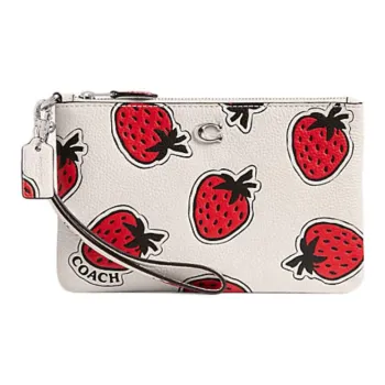 COACH Wristlet Pebbled Leather Clutch Small Size Women's White & Red