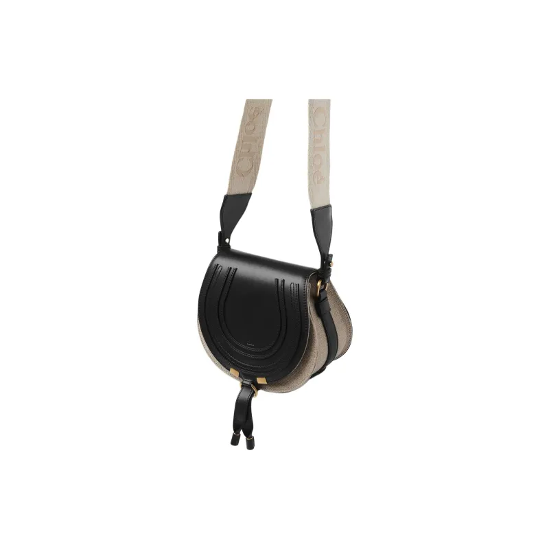 Chloe Linen Canvas With Smooth Calfskin Saddle Bag Shoulder Bag Crossbody Bag Small Size Women's Black-1