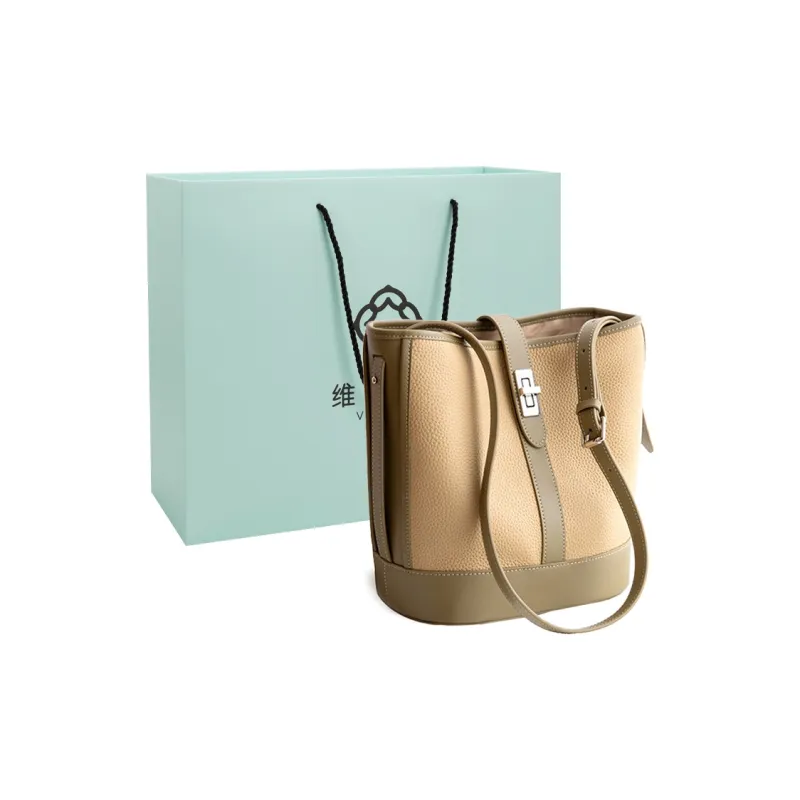 VENOF Cow Leather Bucket Bag, Shoulder Bag Medium Size Women's Beige/Brown-12