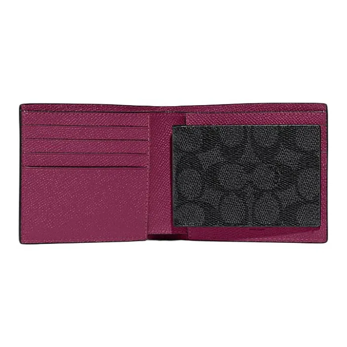 COACH 3 IN 1 Wallet Cross-Stitch Leather Card Holder Wallet Mini Women's Fuchsia-1