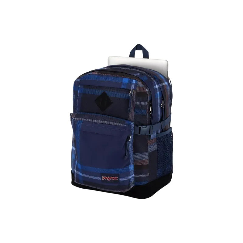 JanSport Recycled Polyester Pongee Suede Backpack Unisex Plaid Marine Blue-4