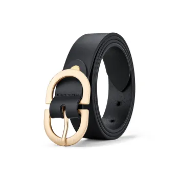 WilliamPOLO Zinc Alloy Leather Belts Women's Gold Buckle Black Strap 2.8cm Width