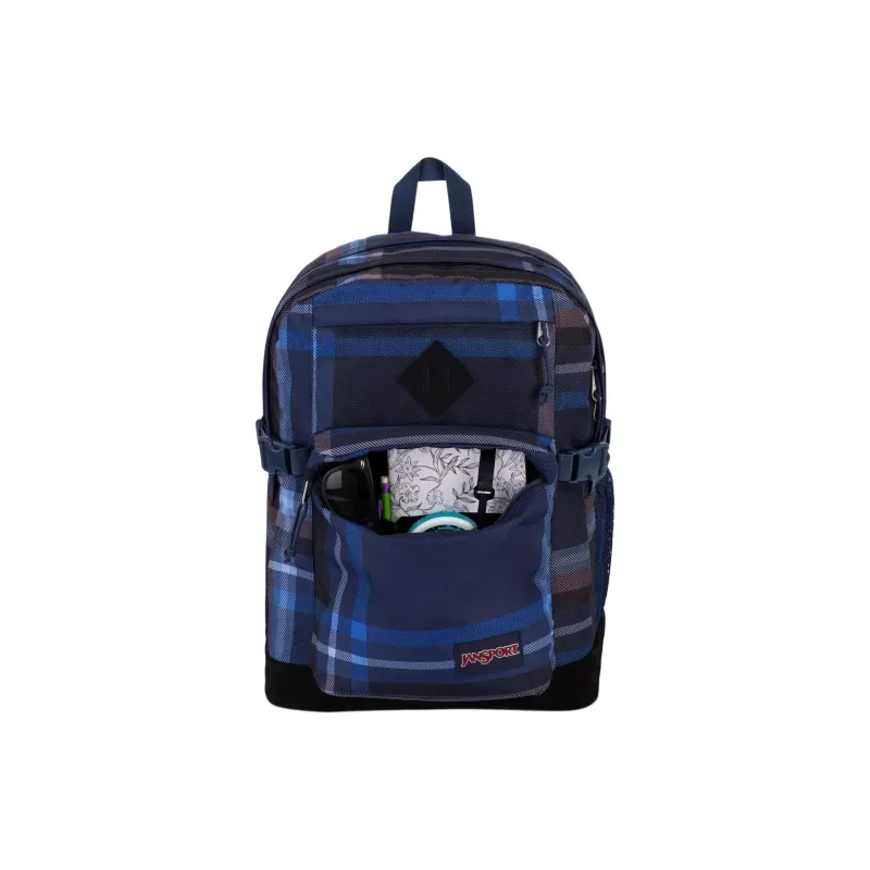 JanSport Recycled Polyester Pongee Suede Backpack Unisex Plaid Marine Blue-5