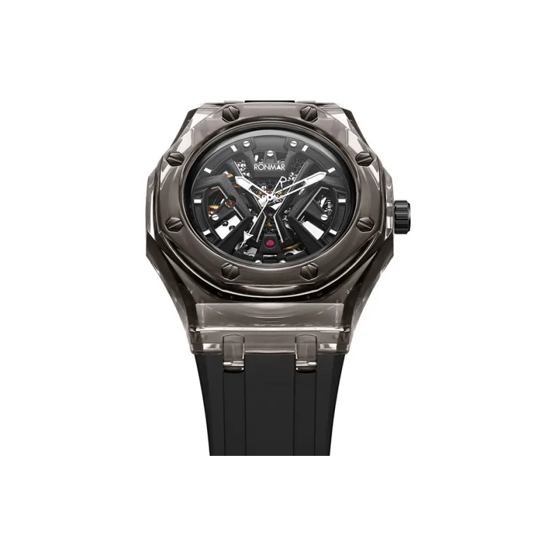 RONMAR Automatic Mechanical Movement Silicone Strap Watch Men's Watches Cut Out Dial-5