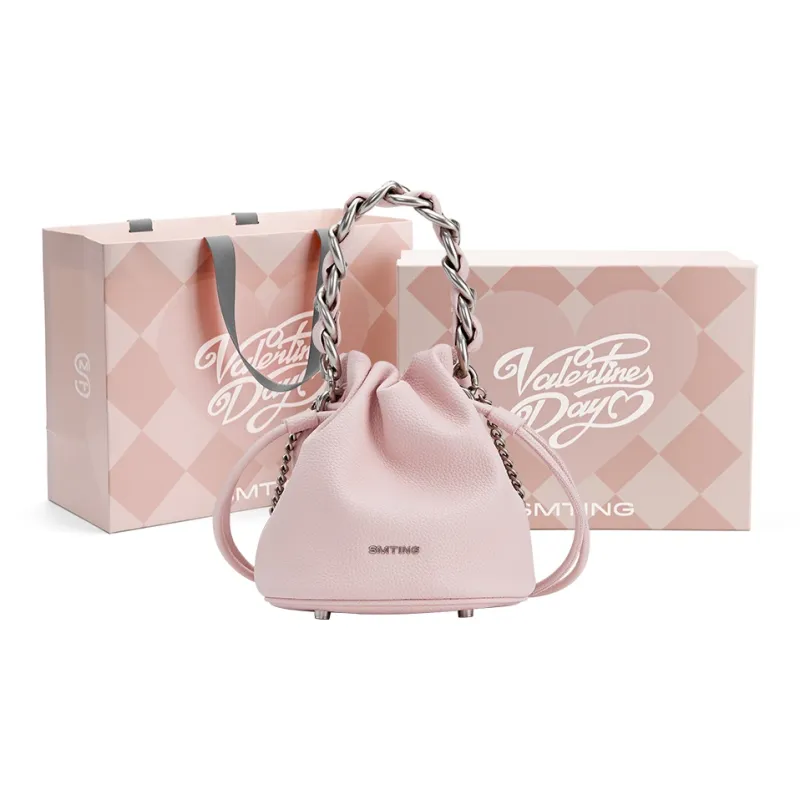 Simedin Split Cow Leather Bucket Bag, Shoulder Bag, Handbag Regular Women's Haze Blue/Cherry Blossom Pink-9